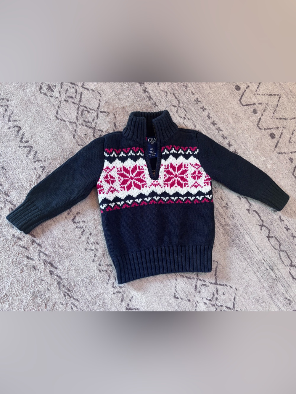 Chaps Black Zip-Up Sweater Quarter Zip with Red and White Fair Isle
